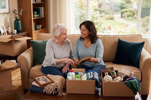 Two adults sit on a sofa sorting belongings into cardboard boxes during a home move, surrounded by packed items.