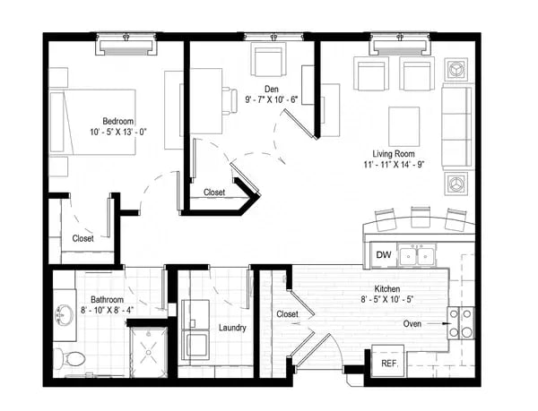 The Uppsala - 908 sq ft, 1 bedroom, 1 bathroom, den