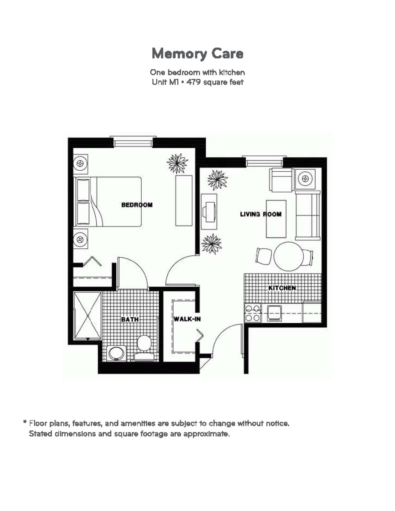 Memory Care - One Bedroom with Kitchen - 479 sq ft