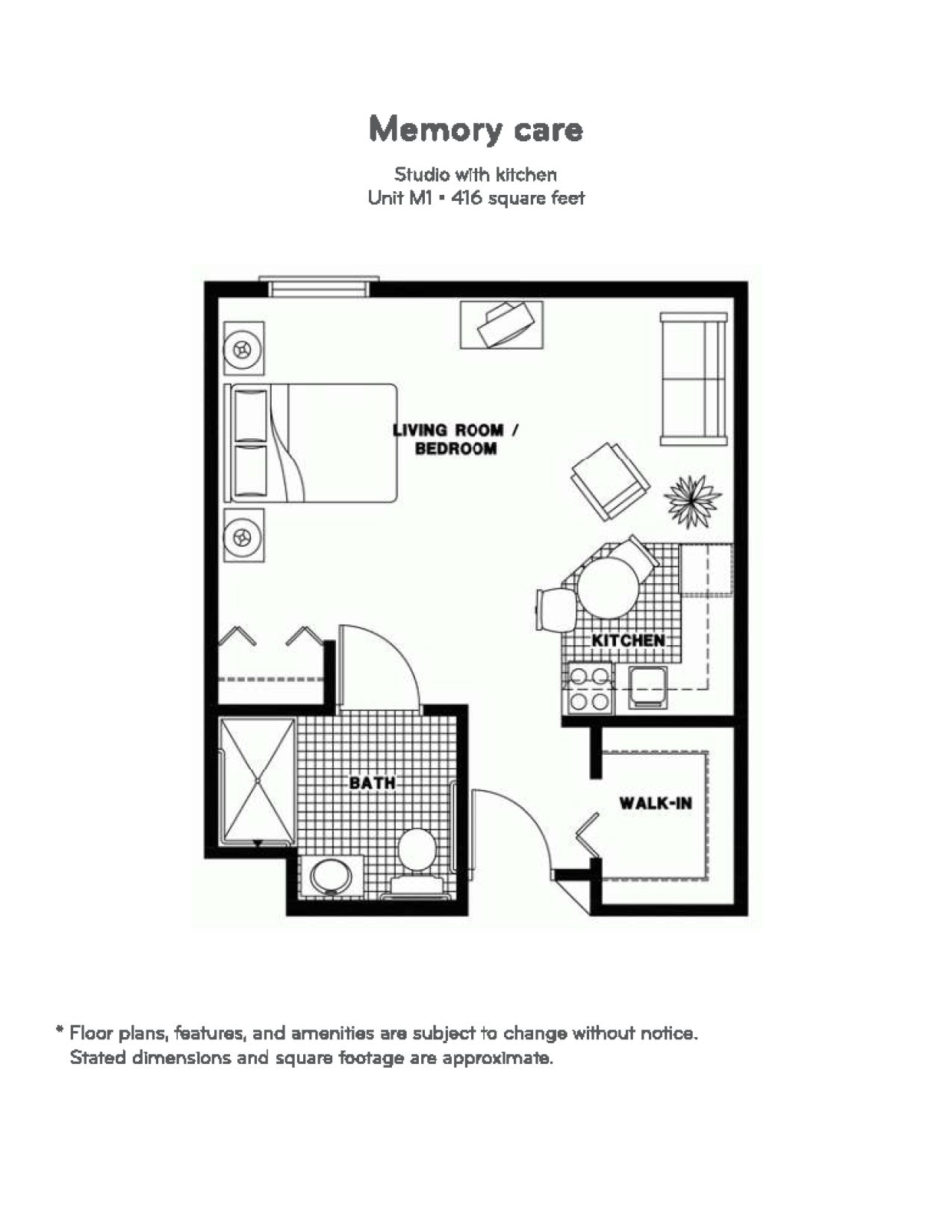 Memory Care - Studio with Kitchen - 416 sq ft