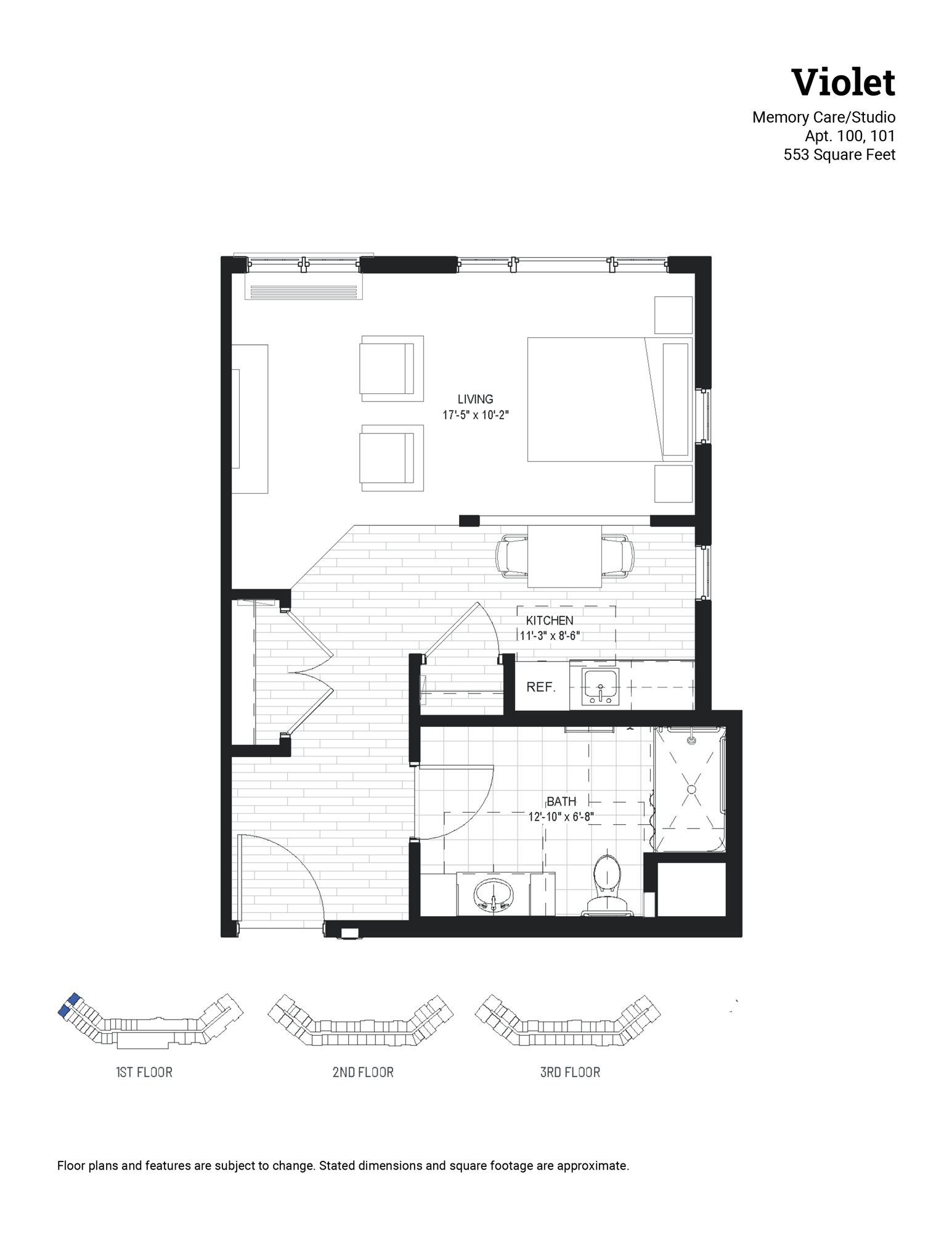 Violet | Kaleidoscope Memory Care | studio, 1 bath | 553 sq ft