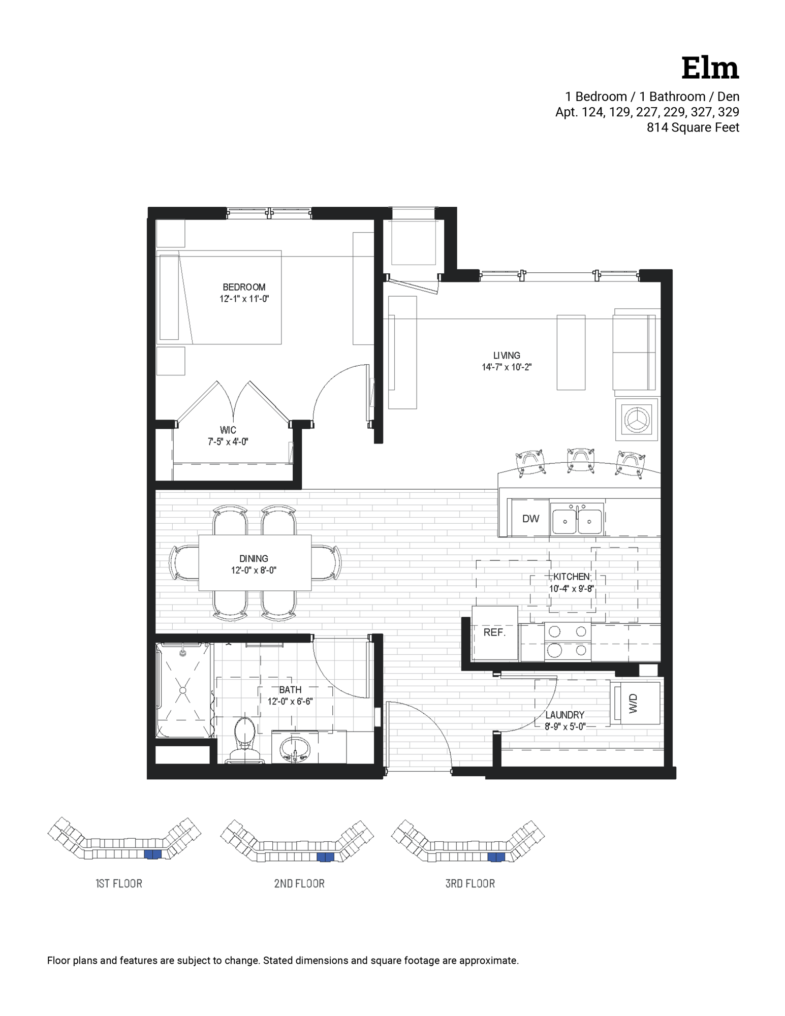 Elm | 1 bed, 1 bath, den | 814 sq ft