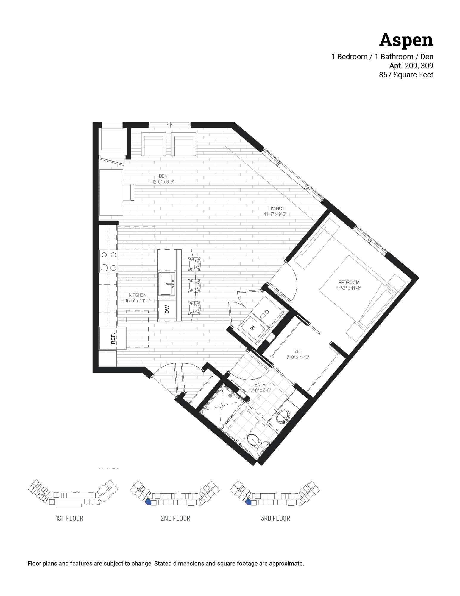 Aspen | 1 bed, 1 bath, den | 857 sq ft