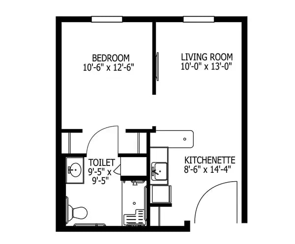 Memory care - 1 BR + kitchenette, 485 sq ft