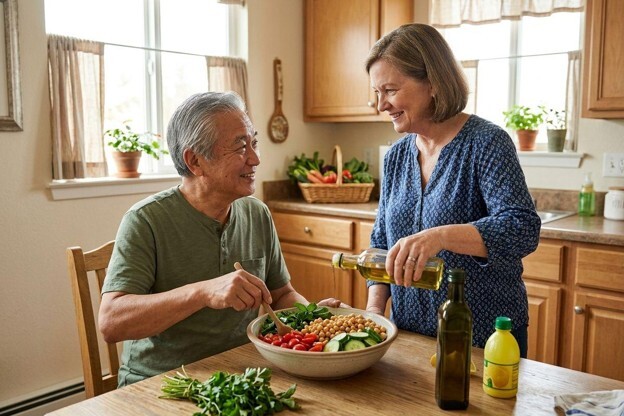 Two older adults smiling in a kitchen, preparing a fresh vegetable and chickpea salad, pouring olive oil over the bowl.