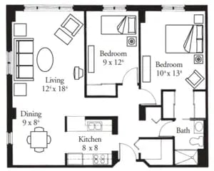 The Cambridge - 850 sq ft, 2 bedrooms, 1 bathroom