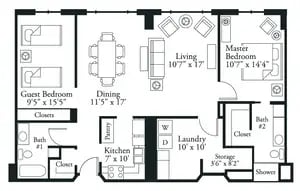 The Regency II - 1,150 sq ft, 2 bedrooms, 2 bathrooms