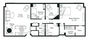 The Winsor - 1,700 sq ft, 2 bedrooms, 2 bathrooms, study