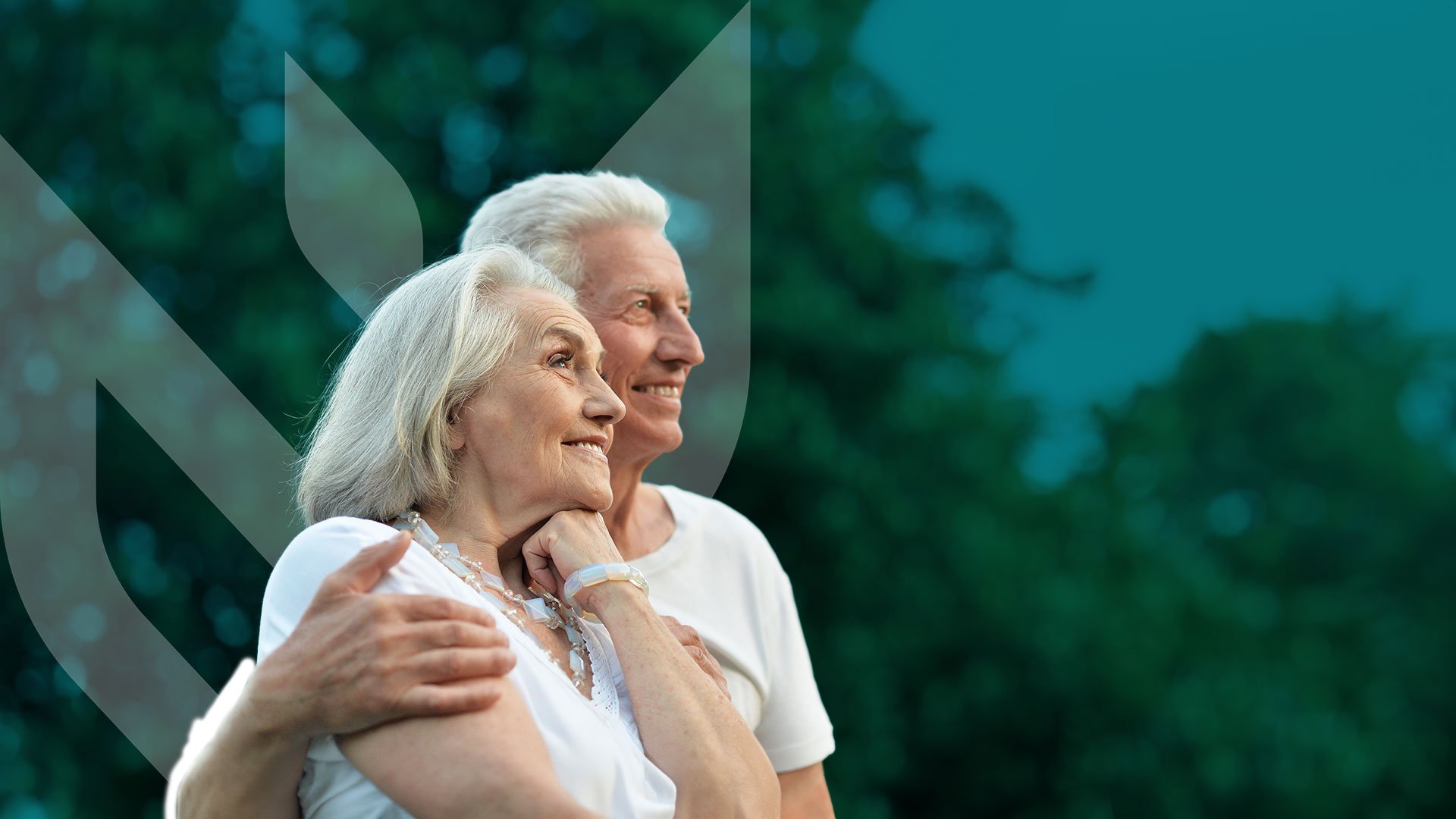 man and woman smiling into distance