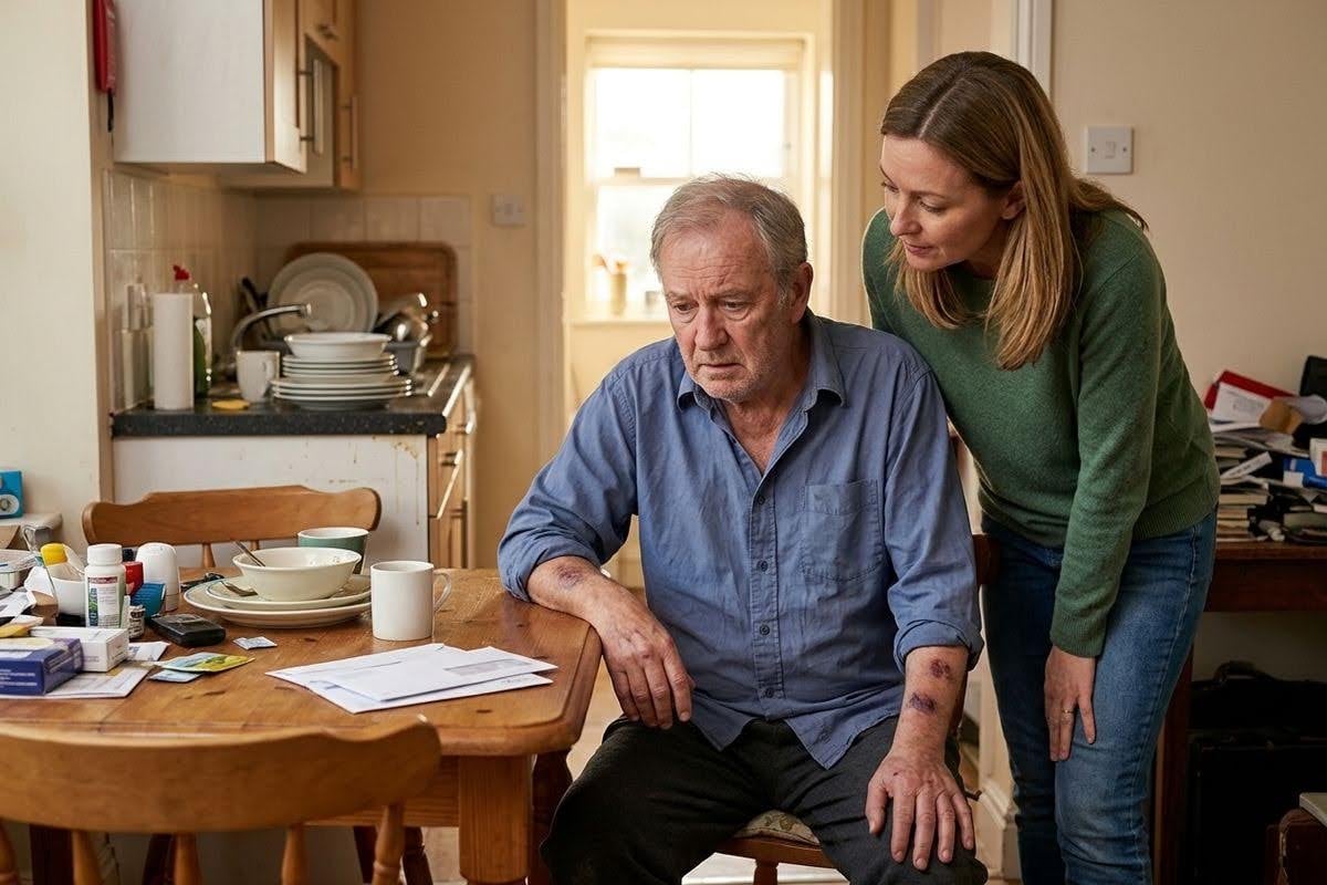 An older adult with bruises on their arms sits at a kitchen table covered with unopened mail, pill bottles, and dirty plates, while their loved one leans close, expressing concern.