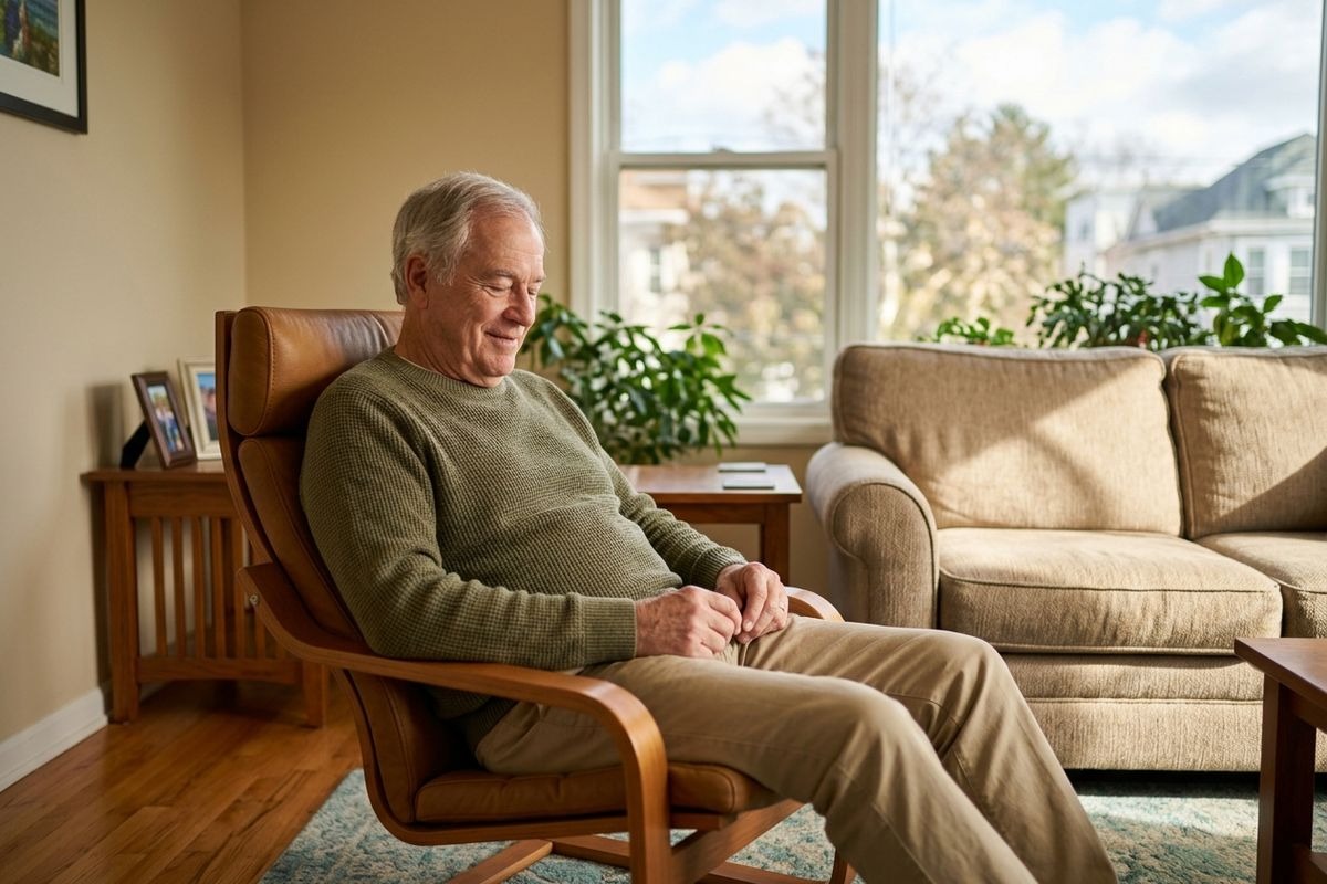 An older adult smiles while relaxing in a brown leather chair in a sunlit living room.