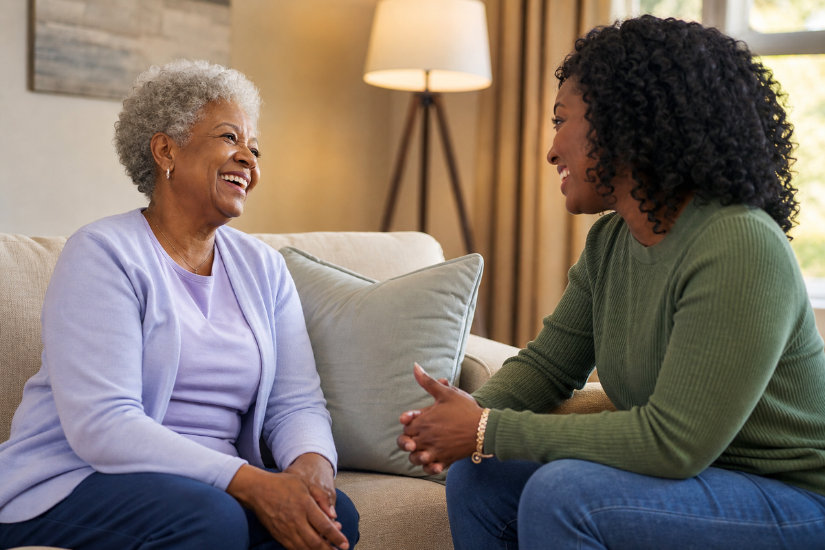 Two adults, one older and one younger, sit facing each other on a living room couch, smiling and talking.