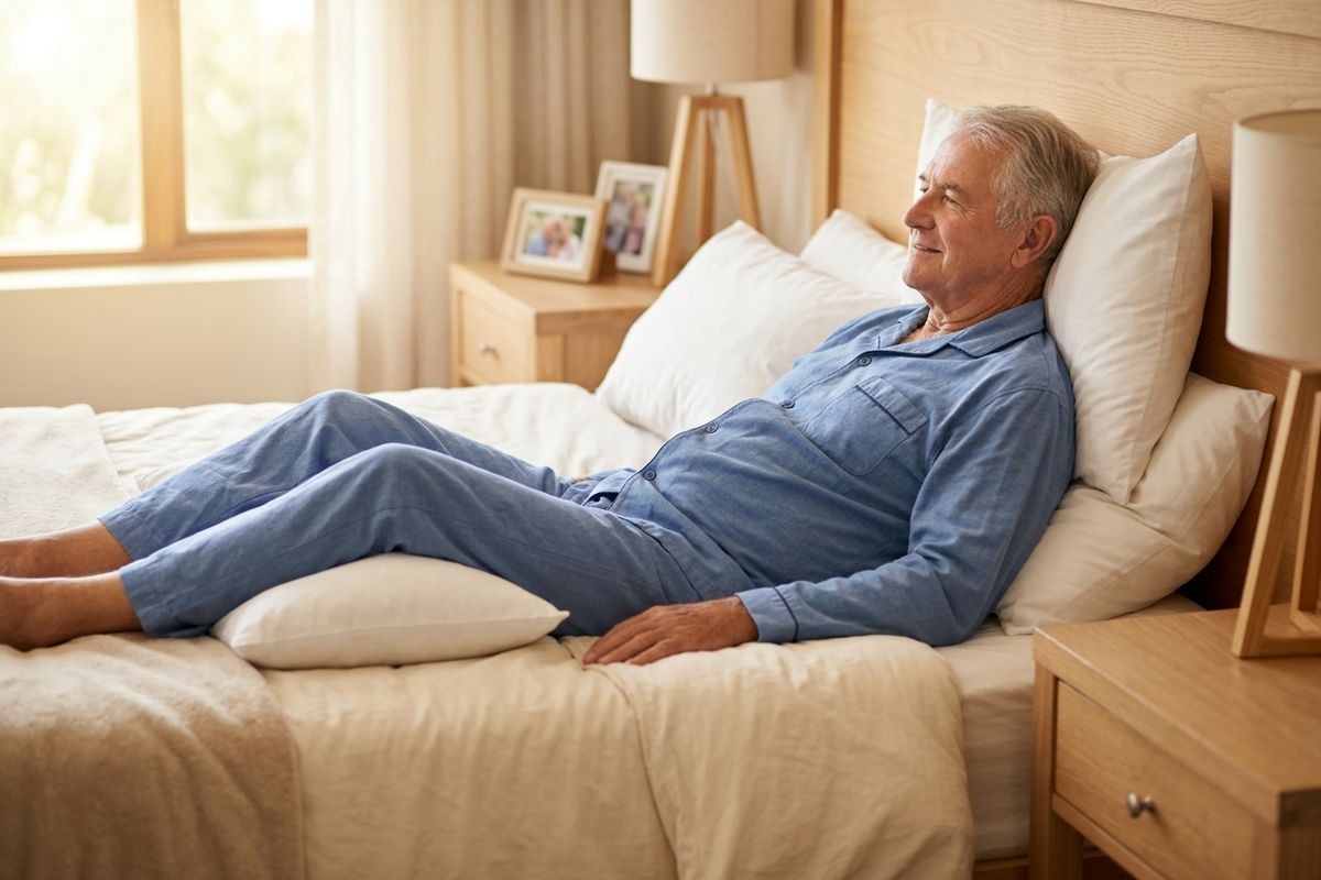 An older adult in blue pajamas resting in bed, propped against pillows with an extra pillow supporting their knees, smiling slightly.