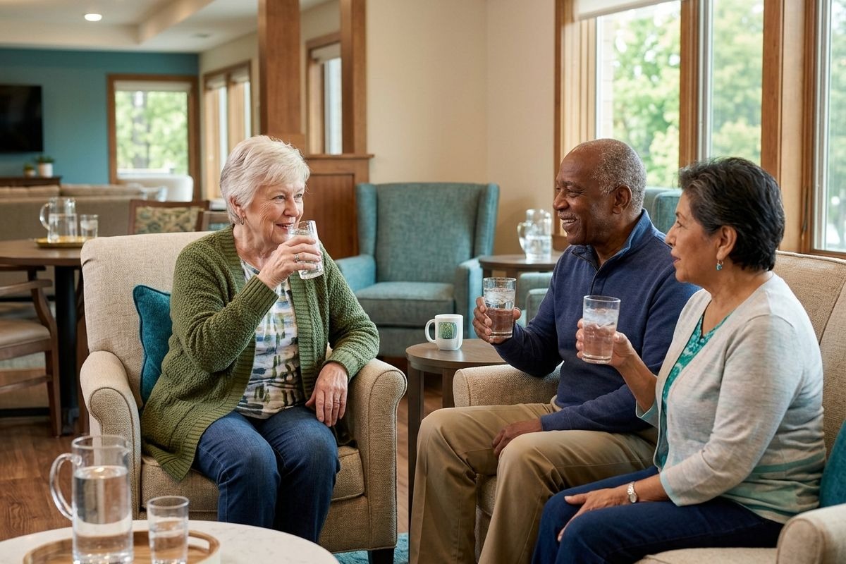Three older adults sit in armchairs in a bright lounge, smiling and conversing while holding glasses of water.