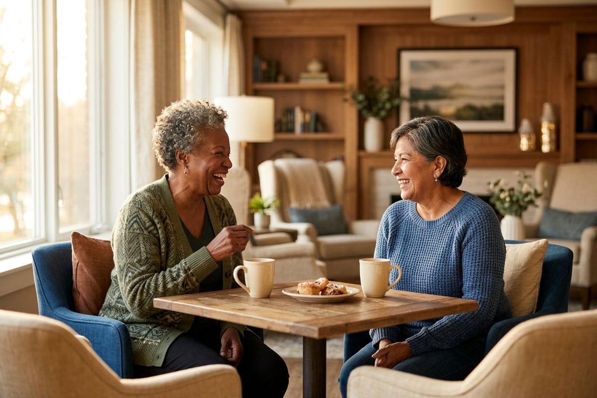 Two older adults sit at a table in a bright living room, laughing together over mugs and a plate of pastries.