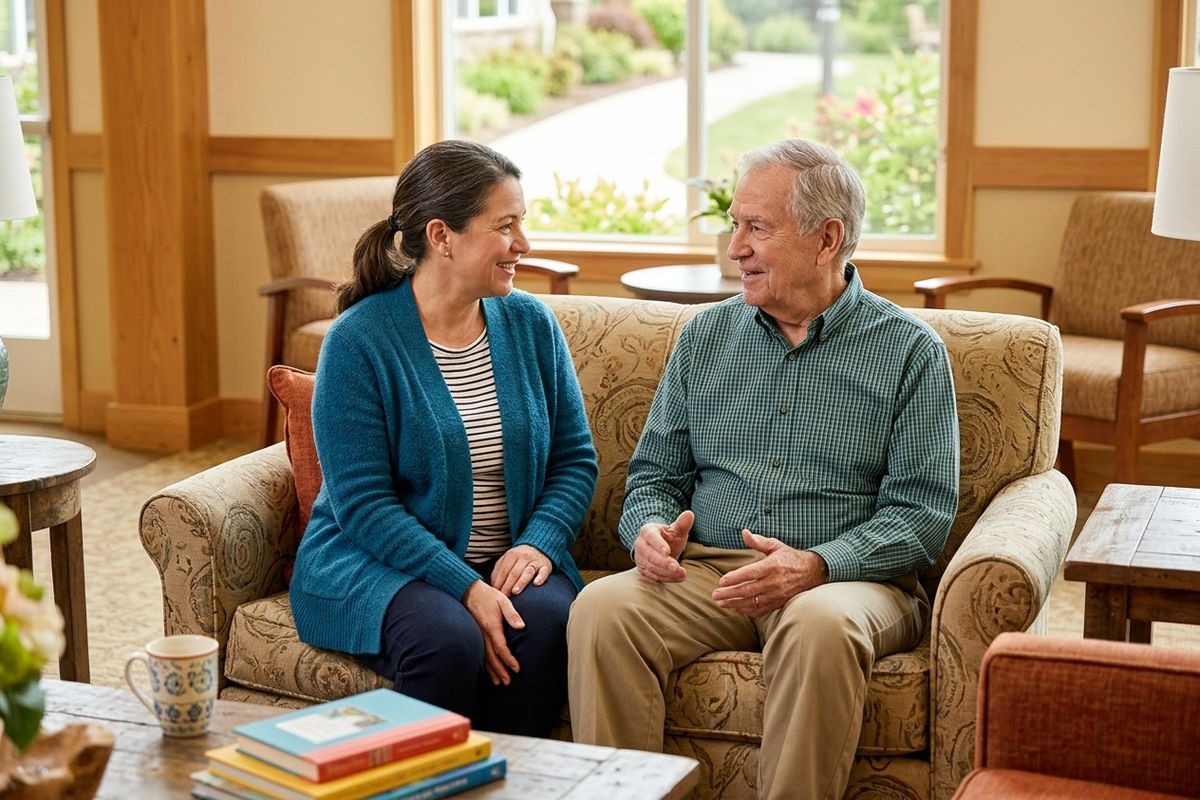 Two smiling adults sit on a patterned couch in a bright living area, looking at each other and talking. Books rest on a table in the foreground.
