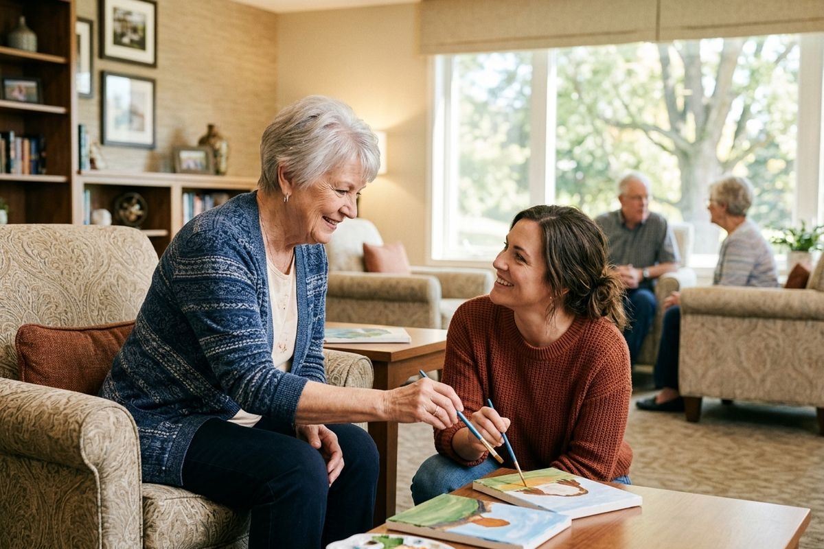 An older adult in a chair and a kneeling adult smile at each other, holding paintbrushes over canvases on a coffee table in a bright lounge.