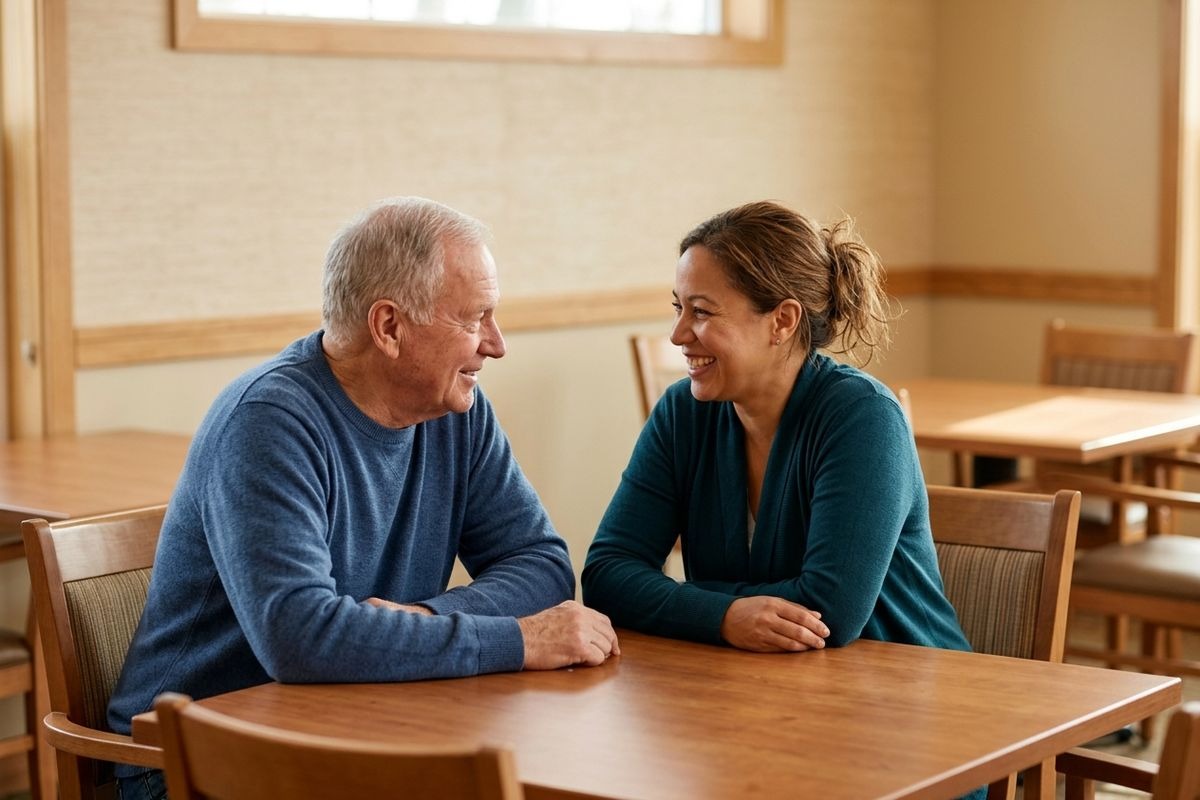 An older adult and a younger adult sit across from each other at a wooden table in a dining area, smiling and looking at each other.