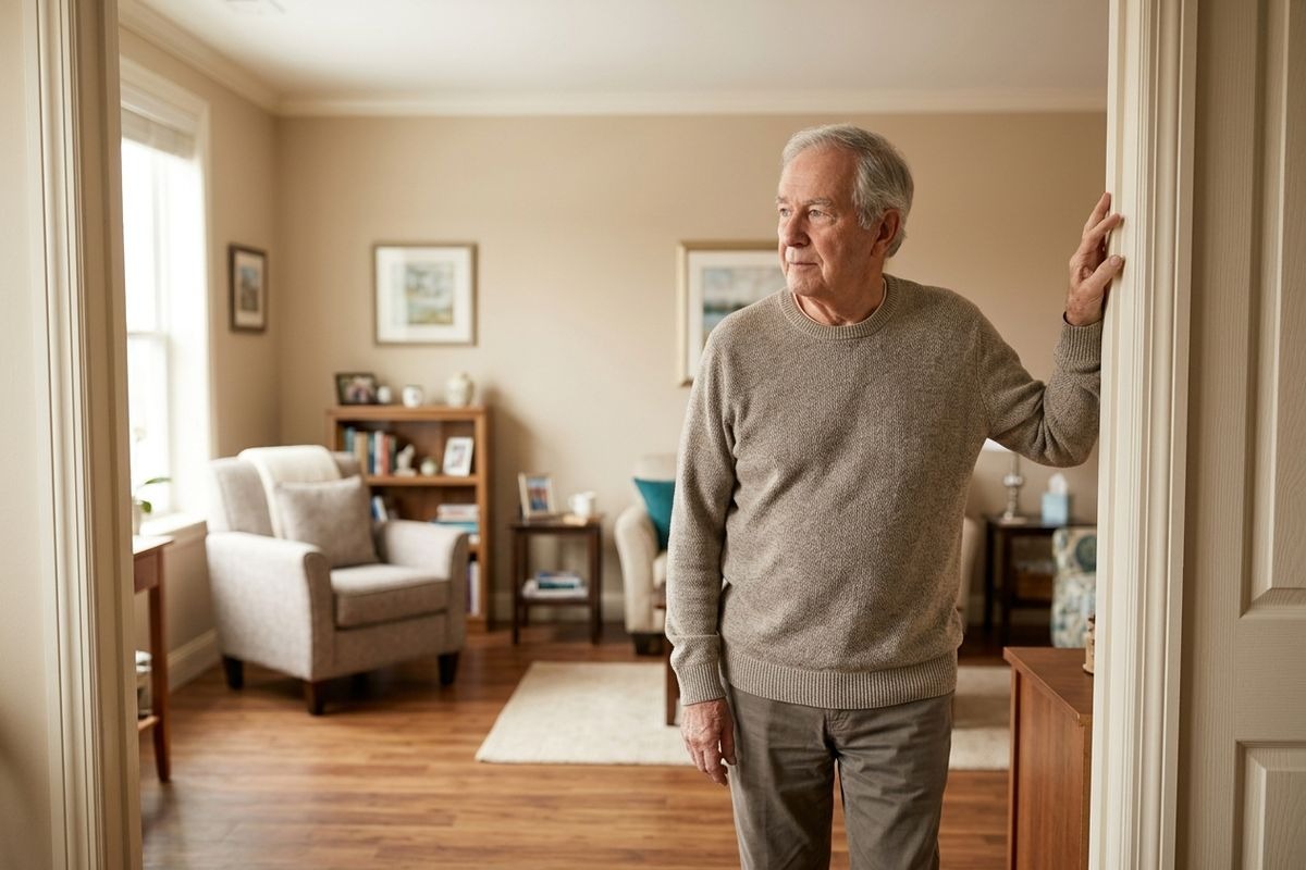 An older adult stands in a doorway with a thoughtful expression, resting one hand on the frame. A living room is visible in the background.