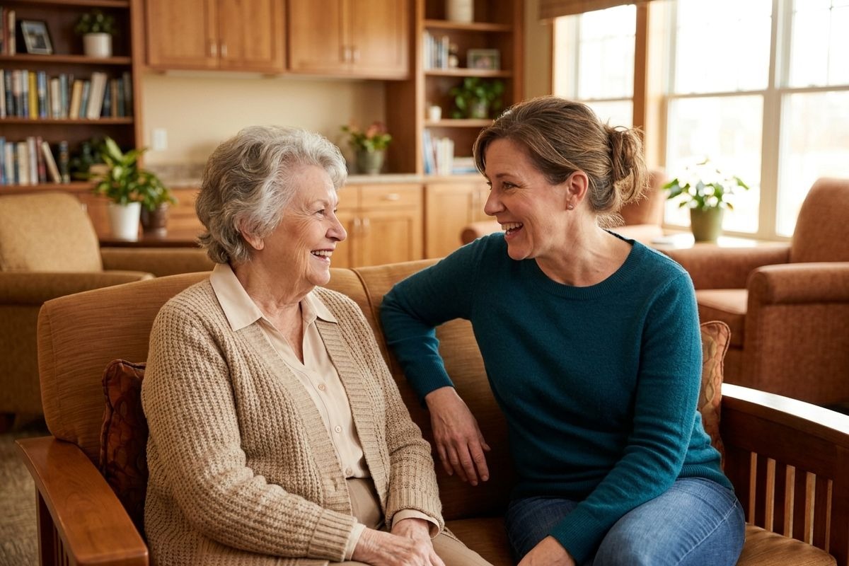 An older adult and a younger adult sit on a couch in a living room, looking at each other and smiling.
