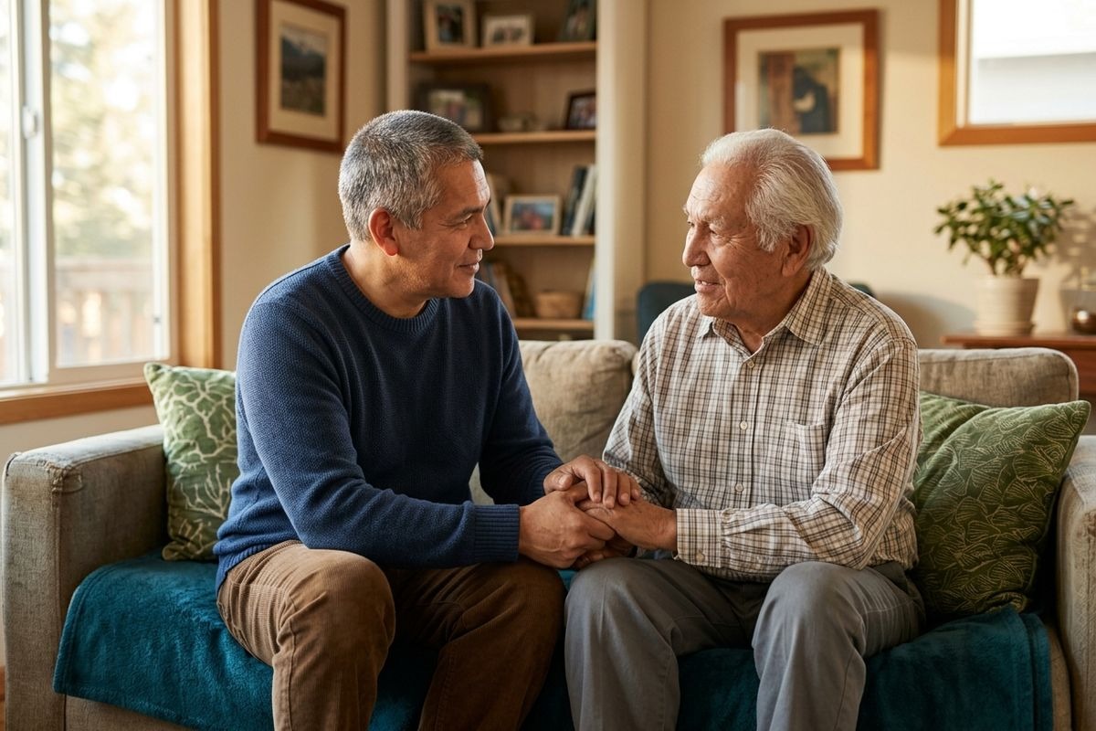 An older adult and their family member sit on a living room sofa, holding hands and looking at each other while smiling.
