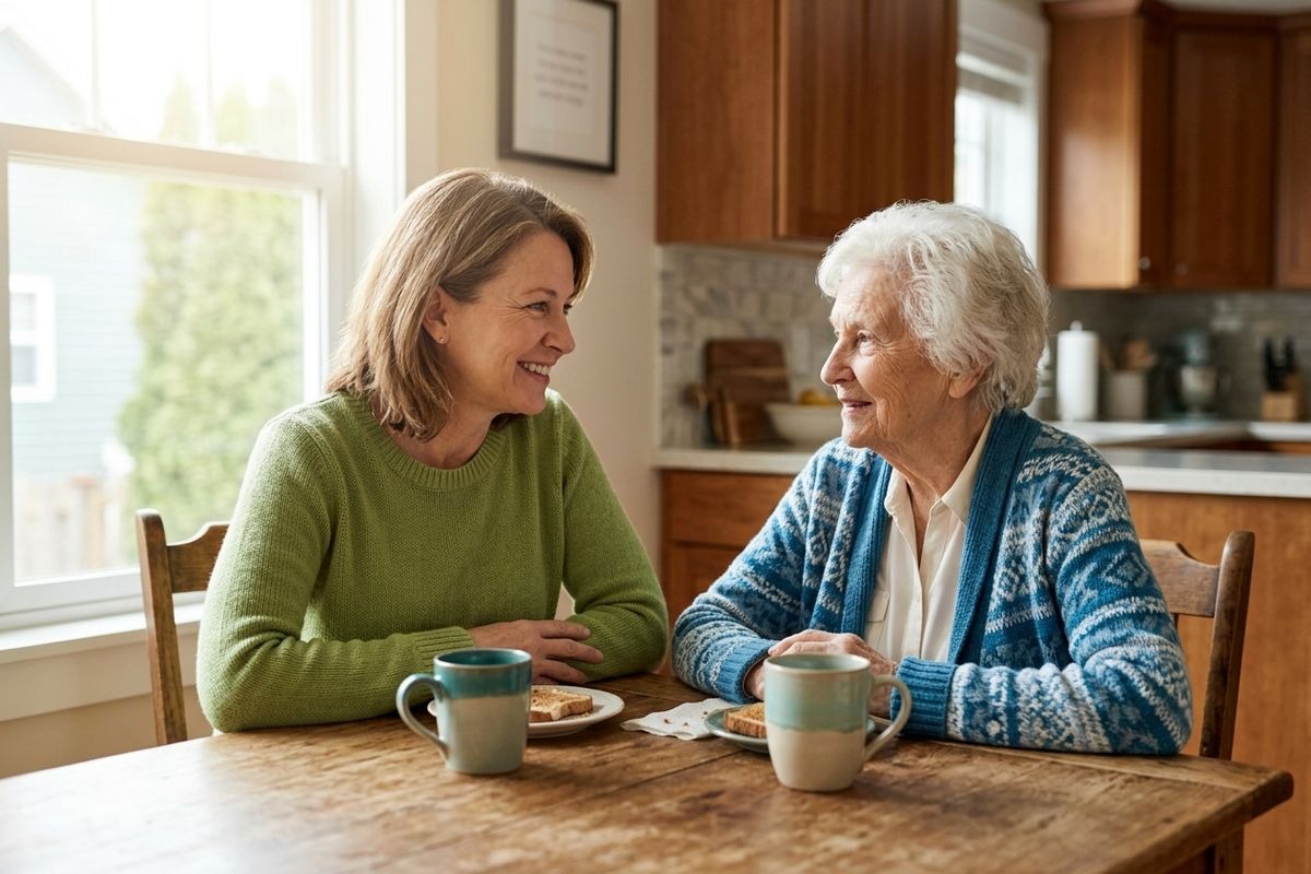 An older adult and their family member sit facing each other at a kitchen table, smiling over mugs and toast.