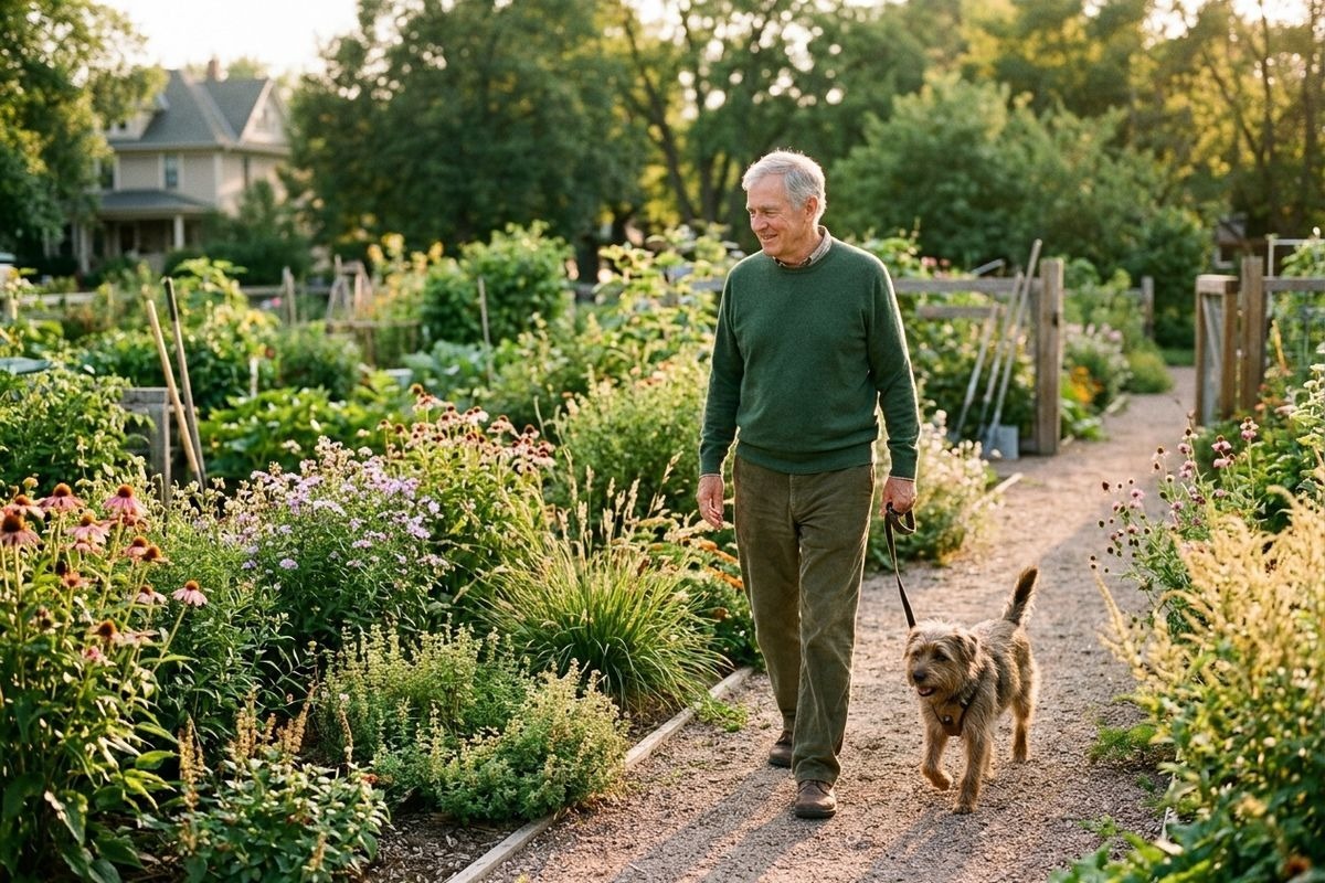 A smiling older adult walks a scruffy dog on a leash along a gravel path through a lush, sunlit garden filled with blooming flowers and plants.