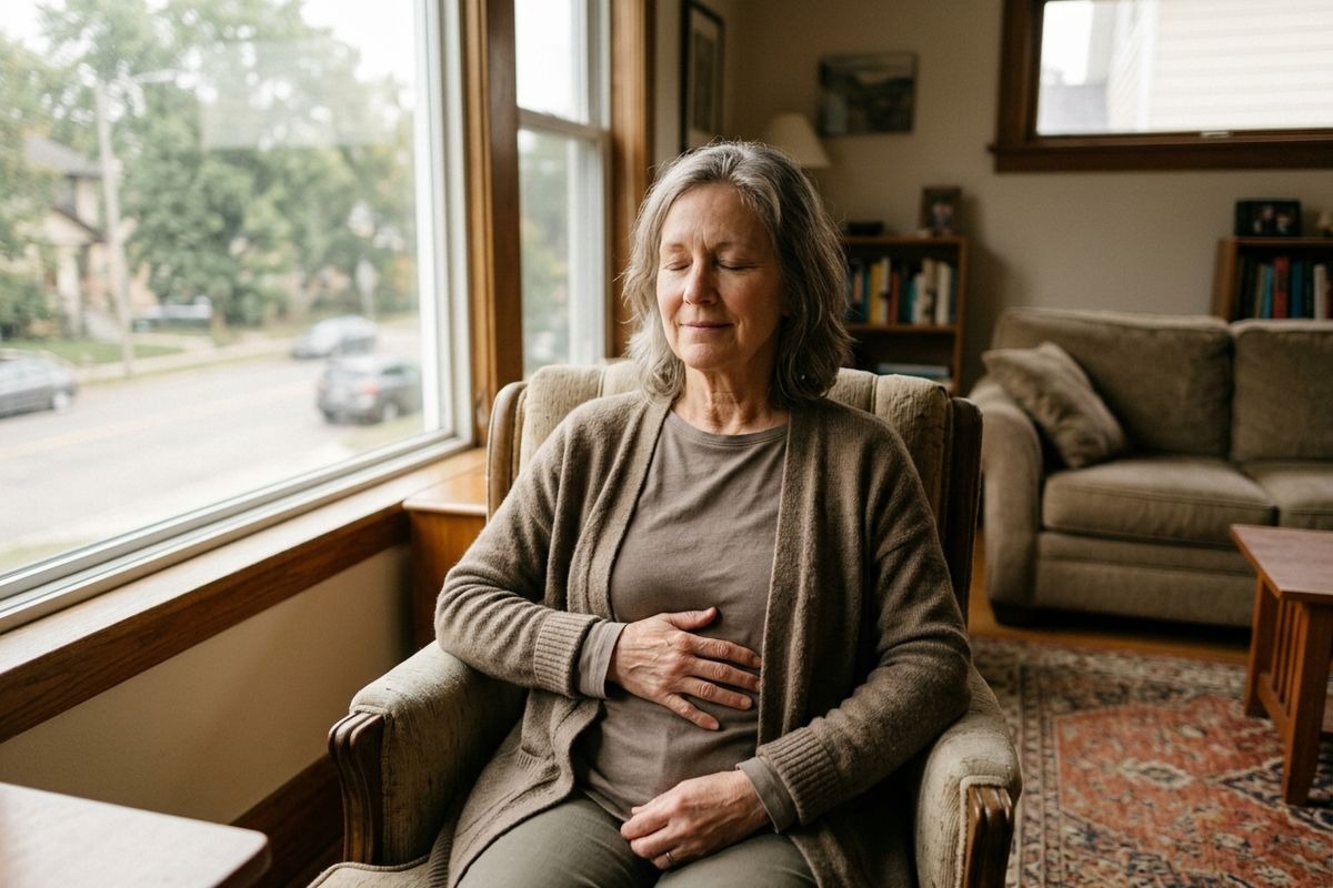 An older adult sits in a living room armchair by a window, eyes closed with a hand on their stomach, appearing relaxed.