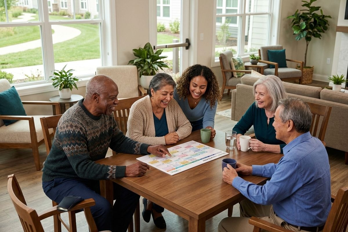 Five smiling adults at a wooden table in a bright room, looking at a printed schedule. One person points at it while others hold mugs.