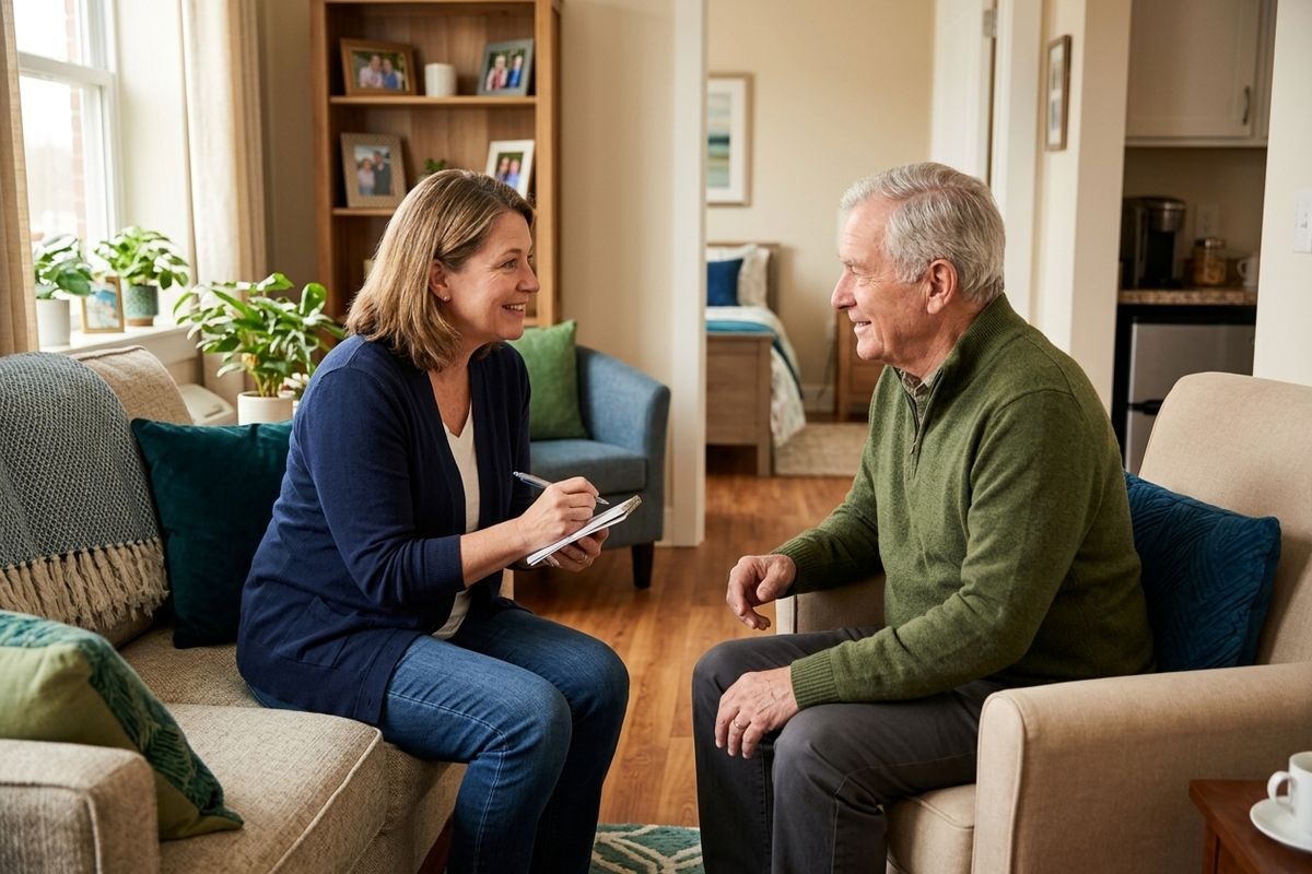 An adult with a notepad and pen sits on a couch, smiling and talking with an older adult seated in a living room armchair.