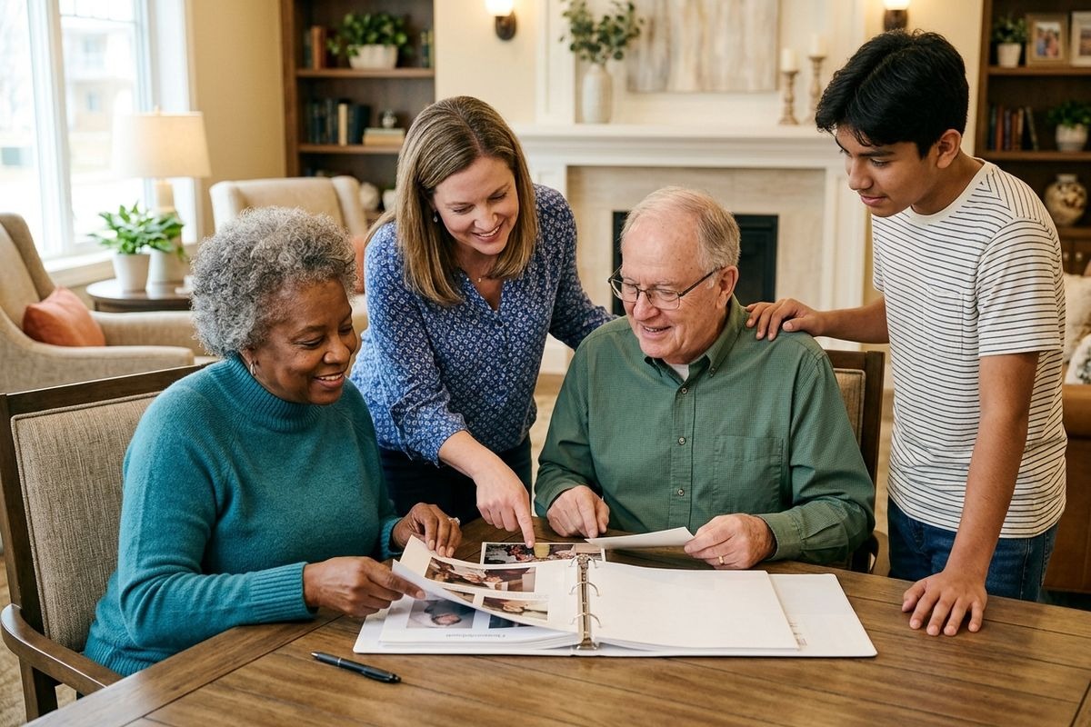 Four smiling people looking at an open photo album on a wooden table in a living room with one person pointing at a picture.